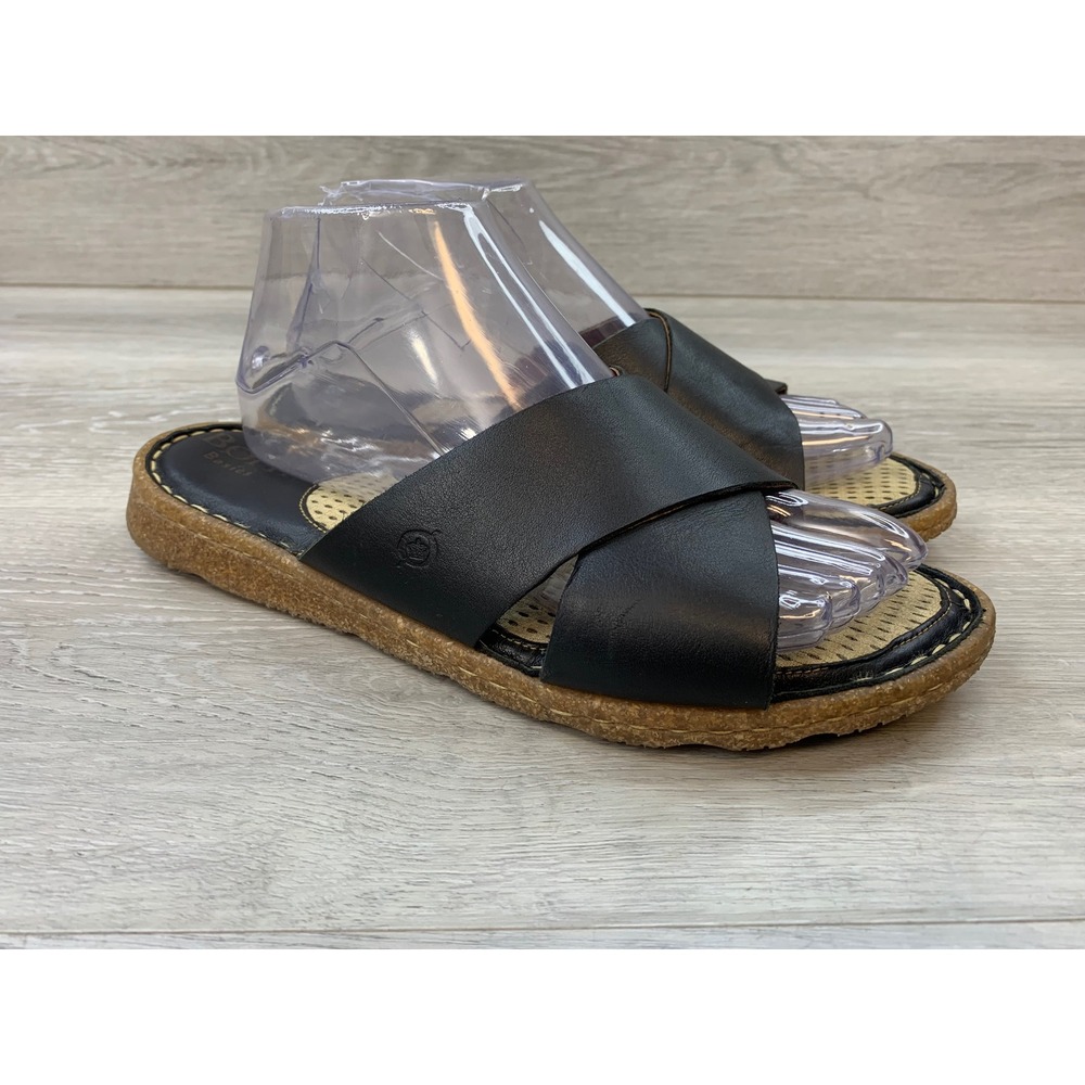 Born Women's Sandals Black Leather Cross Strap Slide 9 Casual Comort Shoes